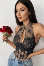 Nude & Black Lace Halter Corset Top