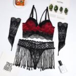 Black & Red Lace Tassel Lingerie Set with Gloves