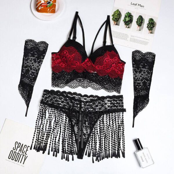 Black & Red Lace Tassel Lingerie Set with Gloves