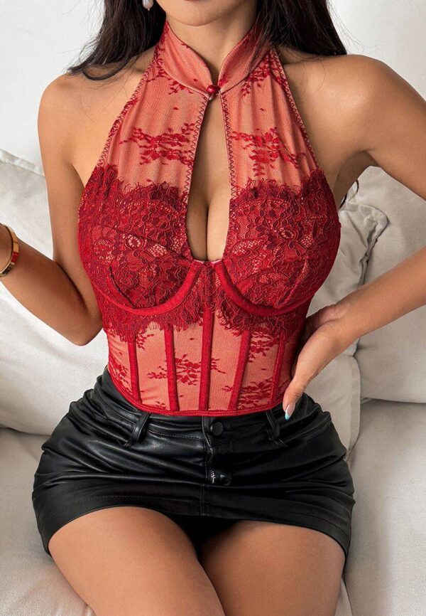 Nude & Black Lace Halter Corset Top