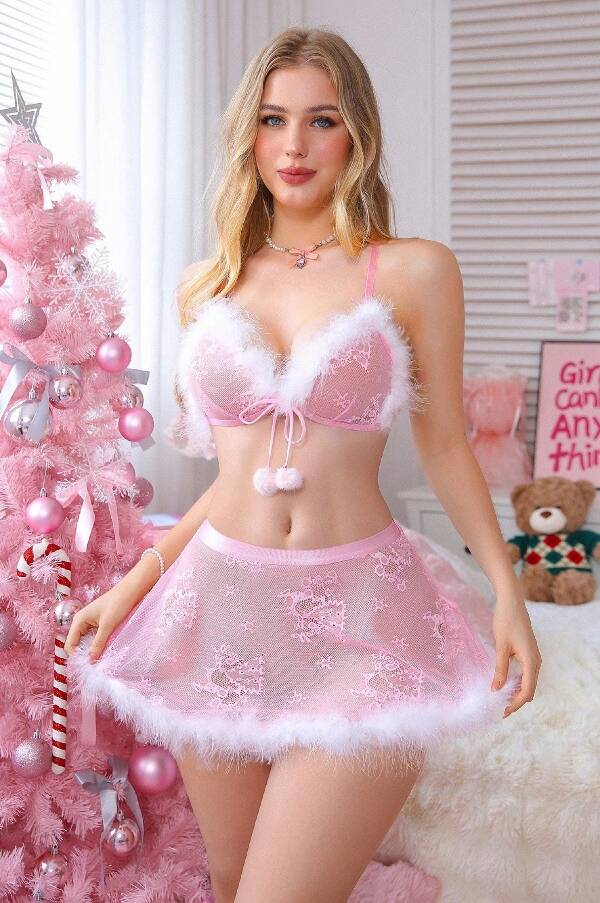 Pink Christmas Lace Lingerie Set with Furry Trim