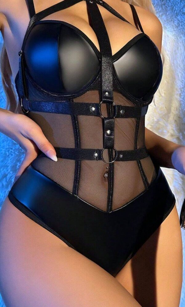 Red Faux Leather Harness Mesh Bodysuit