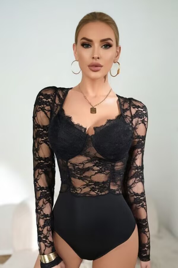 Lace Long Sleeve Push-Up Bodysuit