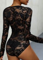 Elegant Black Lace V-Neck Long Sleeve Bodysuit