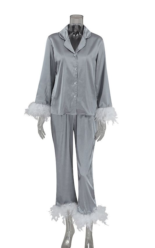 Blush Satin Feather Trim Pajama Set