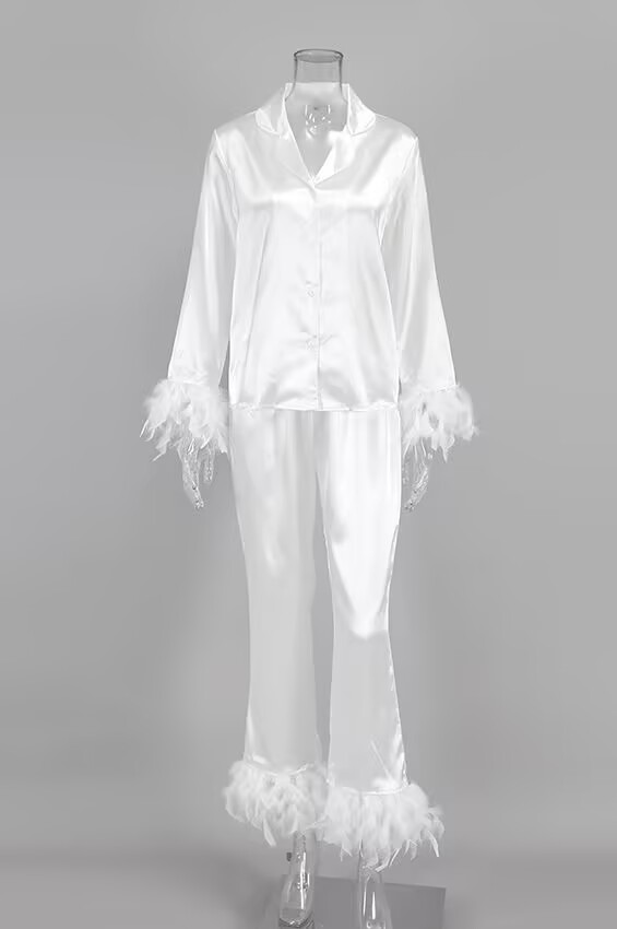 Blush Satin Feather Trim Pajama Set