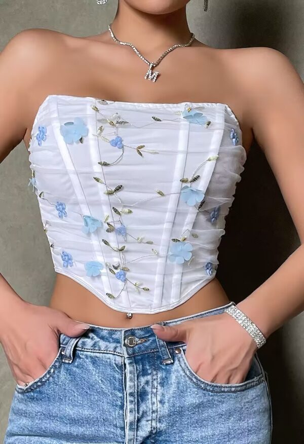 White Floral Embroidered Strapless Corset