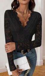Lace Scalloped V-Neck Long Sleeve Bodysuit