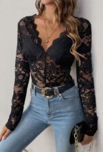 Black Floral Lace Scallop Edge Bodysuit with Long Sleeves