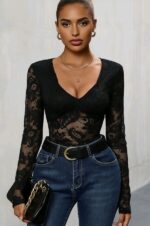 Elegant Black Lace V-Neck Long Sleeve Bodysuit