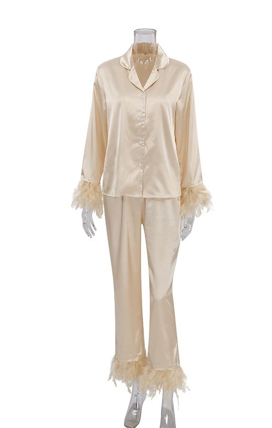 Blush Satin Feather Trim Pajama Set