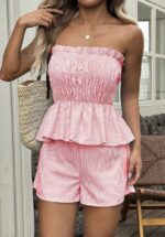 Pink Striped Strapless Peplum Two-Piece Set