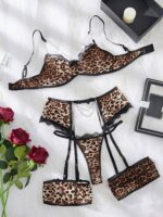 Leopard Print Lace Lingerie Set with Chain Detail