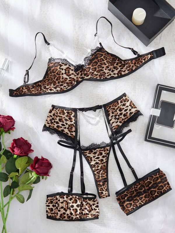 Leopard Print Lace Lingerie Set with Chain Detail