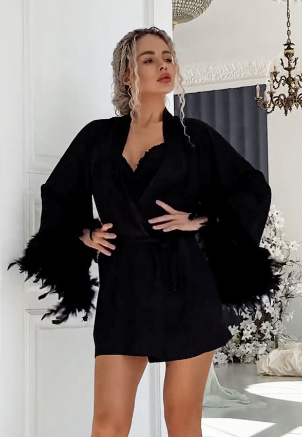 Angelic Whispers Feather-Trimmed Satin Robe