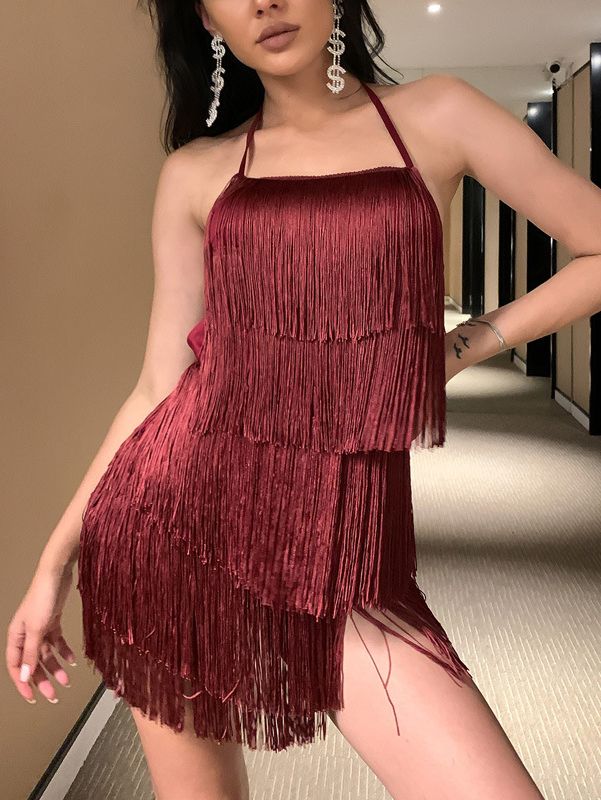 Red Halter Neck Fringe Mini Dress