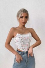 White Floral Embroidered Strapless Corset