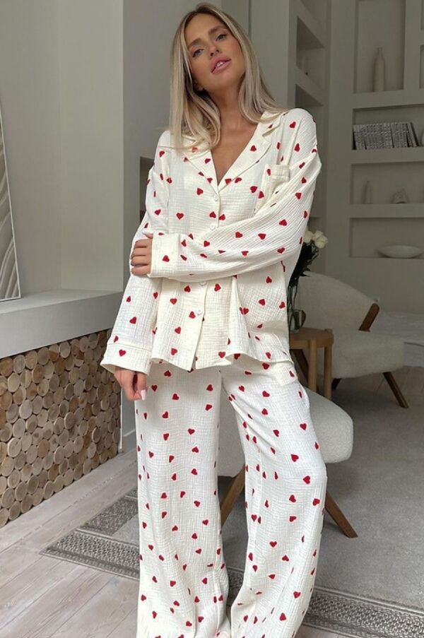Red Heart Print Pajama Set