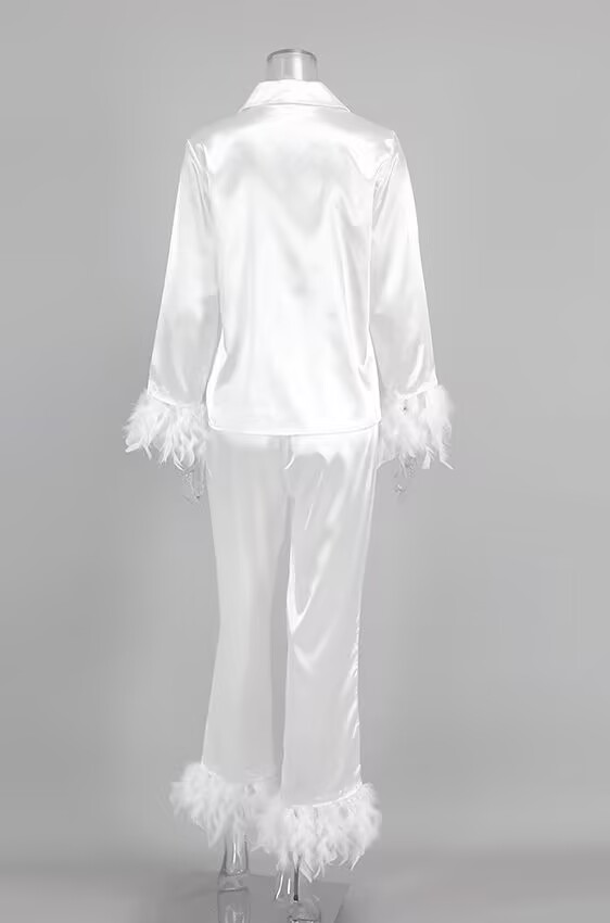 Blush Satin Feather Trim Pajama Set