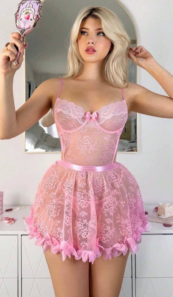 Sheer Pink Lace Cutout Babydoll with Ruffled Skirt