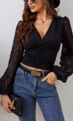 Sheer Textured Sleeve Ruched Crop Top
