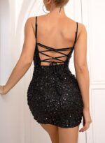 Sheer Mesh Plunge Black Sequin Spaghetti Strap Mini Dress