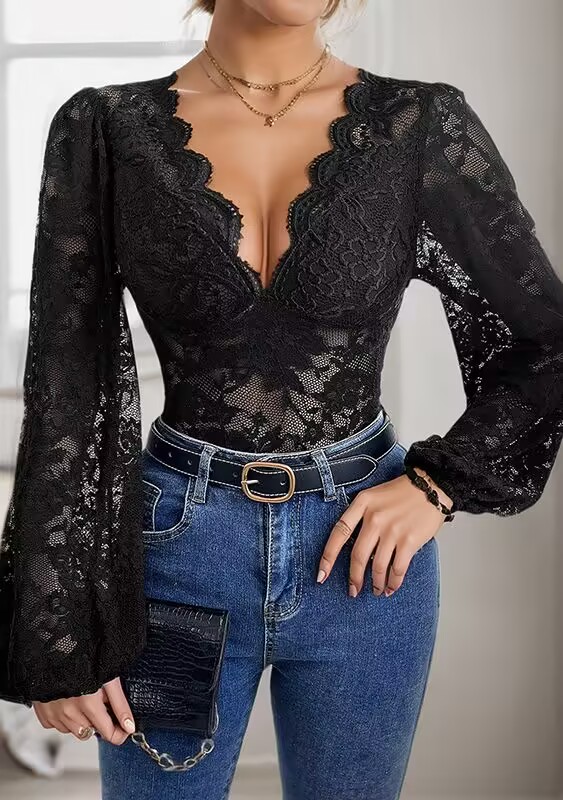 Scalloped Lace Bell-Sleeve Bodysuit