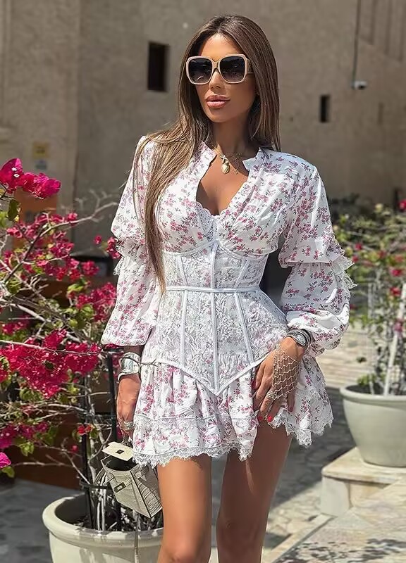 Floral Print Lace Trim Corset Mini Dress