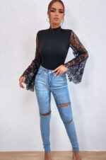 Black Floral Lace Sleeve High Neck Bodysuit