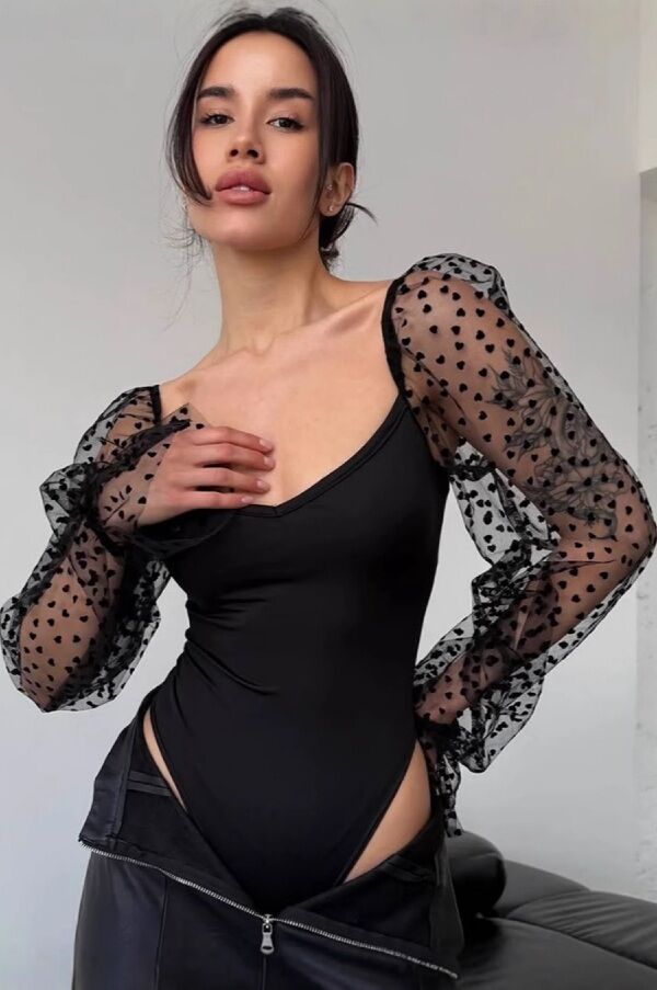Romantic Polka Dot Mesh Puff Sleeve Black Bodysuit