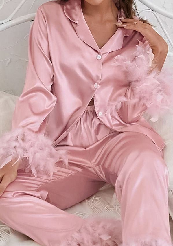 Blush Satin Feather Trim Pajama Set
