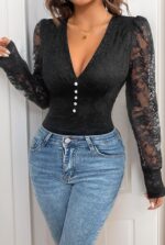 V-Neck Button-Front Lace Sleeve Bodysuit