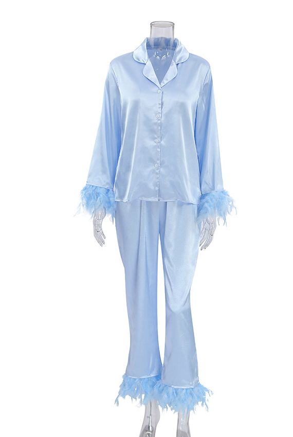 Blush Satin Feather Trim Pajama Set