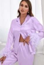 Blush Satin Feather Trim Pajama Set