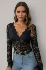 Black Floral Lace Scallop Edge Bodysuit with Long Sleeves
