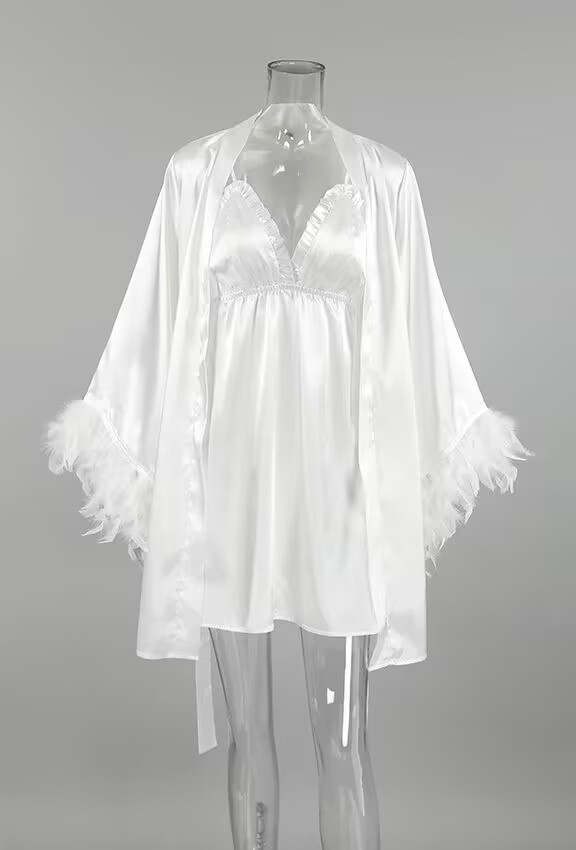 Angelic Whispers Feather-Trimmed Satin Robe