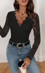 Lace Scalloped V-Neck Long Sleeve Bodysuit