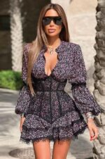 Floral Print Lace Trim Corset Mini Dress