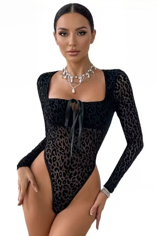 Leopard Print Sheer Mesh Long Sleeve Bodysuit
